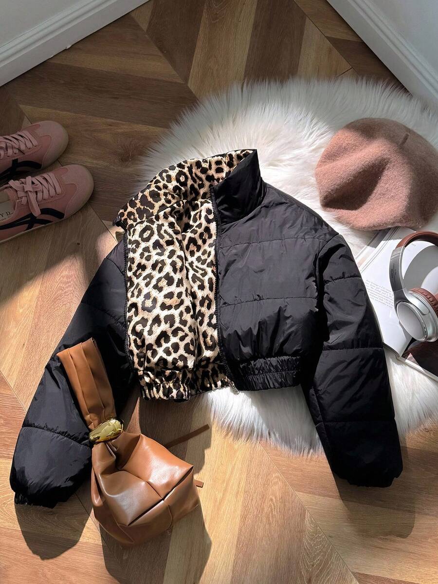 SHEIN Tween Girls Reversible Leopard Print Black Zip-Up Long Sleeve Padded Coat Fall Winter - Black - View 1