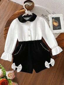 Elladie kids 2件套小女孩彼得潘领彩色衬衫和短裤，带蝴蝶结装饰 - 黑色 - 查看 4