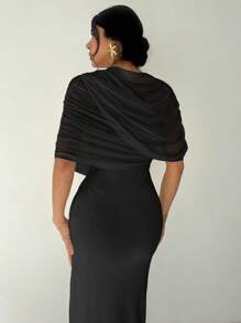 Firerie 优雅浪漫的黄色纯色荷叶边领口不对称褶皱腰身修身连衣裙，女士沙滩装，女士机场装，度假装，女士教师装，黑色连衣裙，优雅大方 - 黑色 - 查看 8