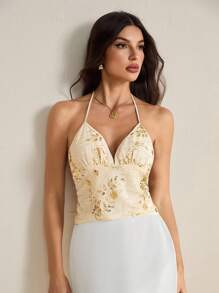 SHEIN Tall Camiseta de mujer elegante y sexy con cuentas, escote halter y espalda descubierta - Beis - Ver 7