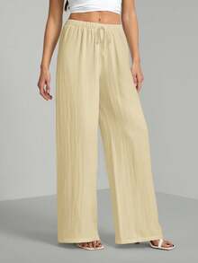 SHEIN Tall Lösa byxor i bomull med dragsko i midjan i texturerat, krinklat tyg - Gul - Visa 3