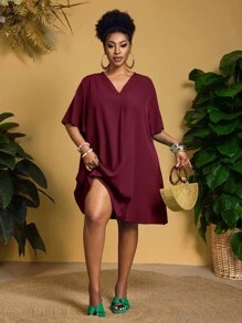 Slaydiva 2025 New Arrival/Easter/Western Style/Elegant Casual Commute/Business Casual Women's Short Sleeve Shirt Dress, Elegant Personalized Design V-Neck Chiffon Blouse Loose Short Sleeve Ruffle Sleeve Dress Plus Size Casual Dress Plus Size Burgundy Dress Plus Size Vacation Dress Plus Size Dress Burgundy Dress - Burgundy - View 9