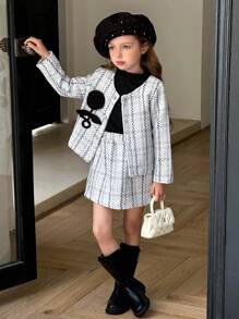 3 Stücke/Set Mädchen Karosakko, Rock & Rippstrick Rollkragenpullover mit Langarm, geeignet für Partys, Schule, Straßenmode, jede Gelegenheit - Verschiedenfarbig - Übersicht 1