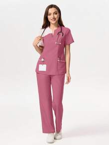 TaskEZ Conjunto de uniforme de pijama médico con cuello en contraste, bolsillo y manga corta - Rosa Oxidada - Ver 4