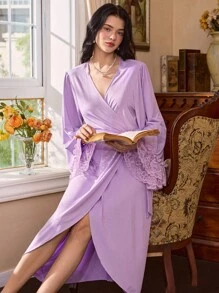 Côtesoire 女士优雅法式荷叶边下摆浴袍 - 紫色 - 查看 5