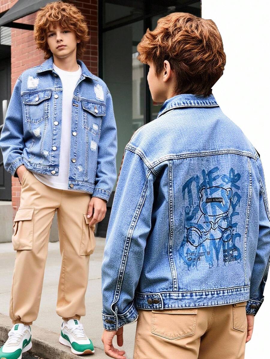 Teenage (Boys) Denim Jacket And Coat, Casual Fashion Retro Personalized All Season Punk Style Distressed Graphic Print Combination Design Long Sleeve Blue Denim Jacket, Casual & Sports Style Teen Jean Jacket Graphic Jean Jacket Jean Jacket Boy Boys Jean Jacket Blue Jean Jacket Fall Winter