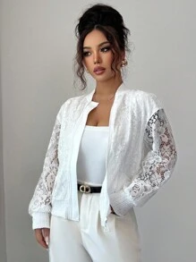 Elenzga Women's Elegant Versatile Loose Stand Collar Patchwork Thick Lace Jacket, Autumn/Winter - White - View 4