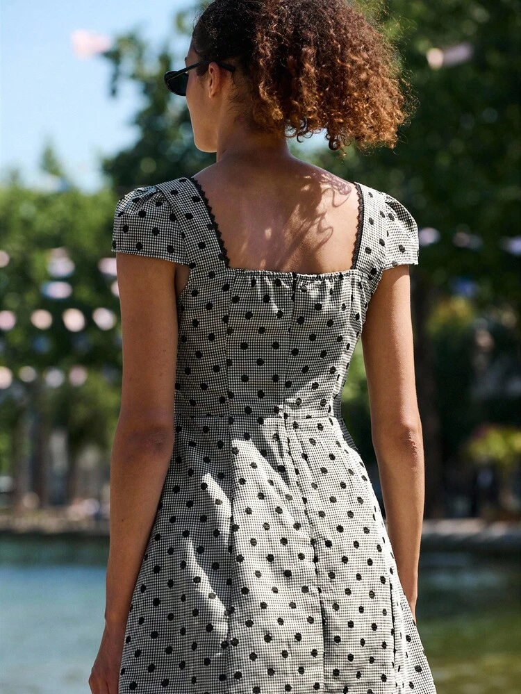 Vestido mini con estilo vintage de lunares, cuello cuadrado y mangas abullonadas - Vestido de otoño, vestido de vacaciones, vestido para salir, vestido de regreso a la escuela, vestido de otoño e invierno