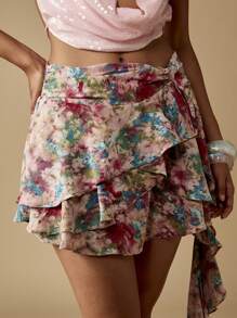 MISSGUIDED Minifalda con volantes y capas, con detalle lateral en cascada, cintura con lazo, para fiestas de verano, eventos y festivales, con superposición asimétrica - Rosa - Ver 6