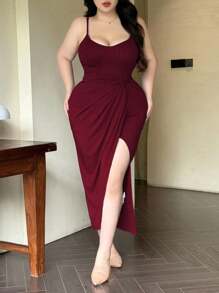 Vibekara Vestido de talla grande con abertura cruzada frontal y tirantes - Burdeos - Ver 6