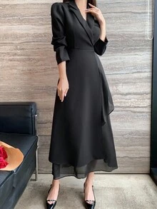 DAZY 女士商务风纯色立领长袖腰部拼接连衣裙 - 黑色 - 查看 3