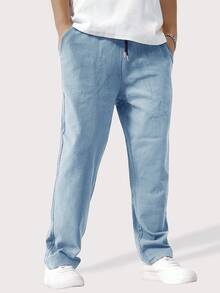 Manfinity Homme 秋季男士宽松纯色抽绳腰直筒裤 - 淺藍色 - 查看 3