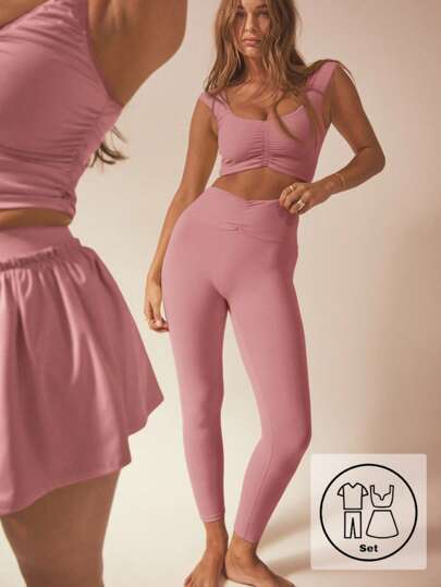 Aralina Women Solid Color Ruched Cropped Top And Pants Sports Suit, Pink Outfit