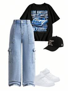 SHEIN Tween Boy Personalized Versatile Comfortable Casual Holiday Water Washed Soft Fashion Street Baggy Non-Stretch Lightweight Denim Pants, Spring/Autumn - Light Wash - View 1