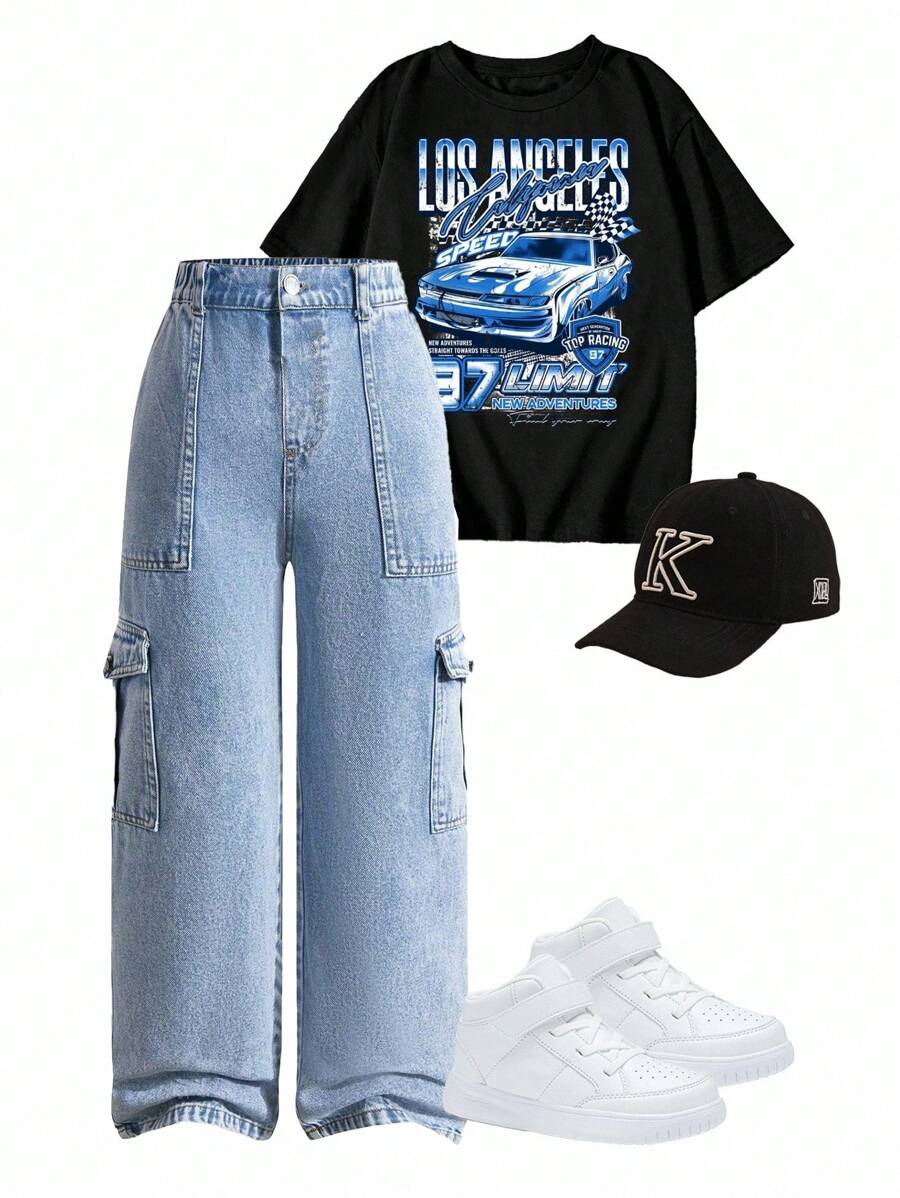 SHEIN Tween Boy Personalized Versatile Comfortable Casual Holiday Water Washed Soft Fashion Street Baggy Non-Stretch Lightweight Denim Pants, Spring/Autumn - Light Wash - View 1