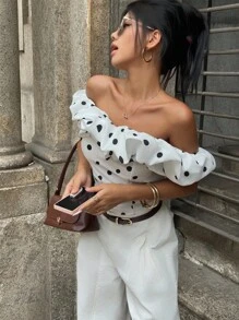 INAWLY Áo nữ thời trang in họa tiết chấm bi một bên vai nhún bèo - trắng - Xem 5