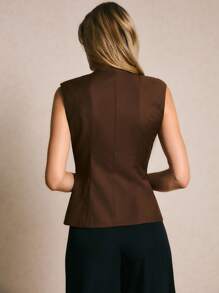 Poéselle 女式纯色双排扣休闲西装背心 - 棕色 - 查看 5