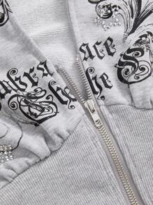 ROMWE Grunge Punk Y2K Subculture 复古修身豹纹连帽卫衣，复古藤蔓印花水钻装饰女式卫衣 - 灰色 - 查看 3