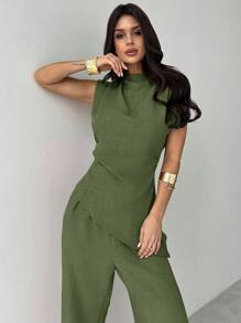 Firerie 卡其色简约优雅休闲通勤办公室服装：无袖不对称褶皱腰女式衬衫 + 常规褶皱阔腿女式裤子、亚麻通勤套装、女士沙滩装、机场装、度假装、教师装 - 軍綠色 - 查看 5