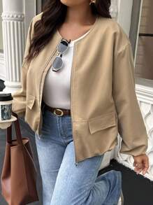 SHEIN LUNE Áo khoác trơn màu thường ngày cỡ lớn - Màu Khaki - Xem 1