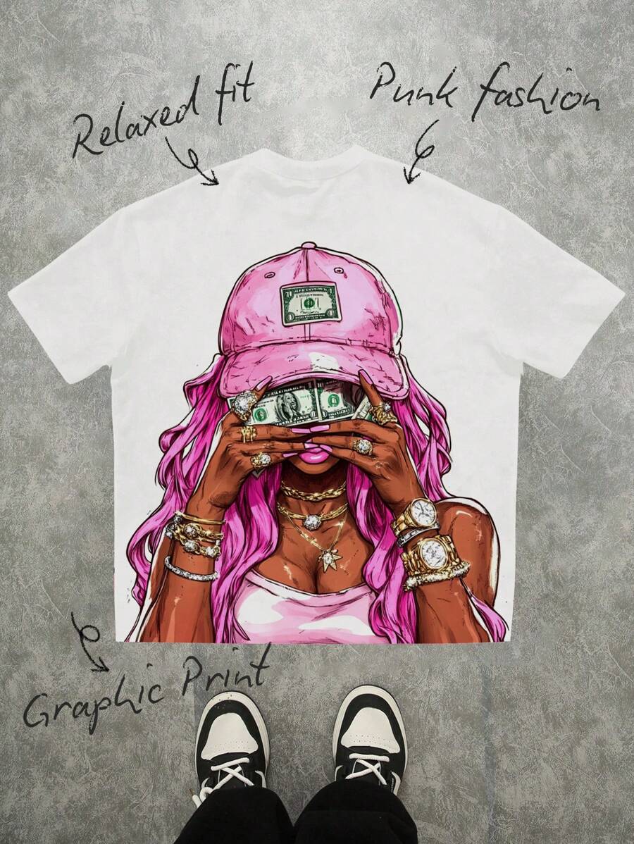 SHEIN EZwear 休闲复古风格粉色肖像图案圆领宽松女式 T 恤，情侣装，复古，休闲，性感，可爱，Y2K，椰子女孩，波西米亚风，度假，春假，早午餐，女生旅行，霓虹海滩氛围，波西米亚风，嬉皮士风，音乐节，适合夏季 - 彩色 - 查看 1