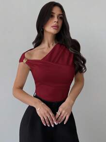 Firerie 女式不对称肩部褶皱腰部紧身 T 恤，优雅朴素的设计，适合日常通勤、春夏、海滩、机场、度假、教师 - 酒紅色 - 查看 8