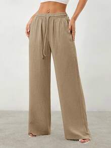 SHEIN PETITE 女士纯色抽绳腰口袋阔腿宽松休闲裤 - 卡其色 - 查看 3