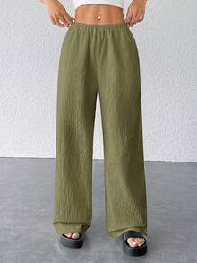 SHEIN PETITE 女士纹理简约宽松阔腿裤 - 軍綠色 - 查看 6