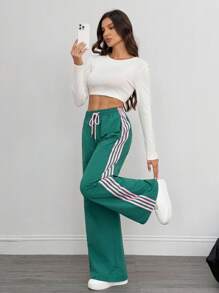 SHEIN Tall Quần sọc tương phản thường ngày dành cho nữ - màu xanh lá - Xem 7