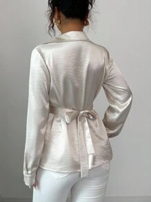 Elenzga 女士优雅时尚V领交叉系带秋季衬衫 - 杏色 - 查看 2