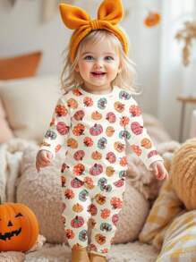 SHEIN 奶油白色南瓜色，超级可爱的南瓜图案，秋天的气息，女婴休闲简约舒适圆领长袖上衣和紧身裤家居服套装，适合秋冬季，舒适贴身，适合居家、睡衣派对、万圣节、野餐、休闲户外、秋季