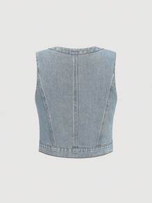 SHEIN MOD 女士纯色纽扣前无袖上衣和褶皱牛仔裙休闲套装牛仔裙套装2件套牛仔套装女式牛仔装女式两件套裙套装女式背心和裙子套装 - 中等水洗藍 - 查看 4