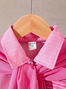 SHEIN Explorewe 2件套年轻女孩休闲条纹印花长袖开衫衬衫+玫红色披肩，秋冬 - 玫紅色 - 查看 5