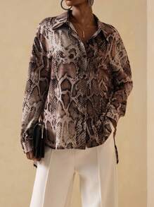 Vesra Women's Minimalist Snake Skin Print Long Sleeve Shirt, Commuter Style - Khaki - View 3