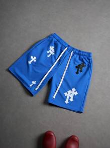 PAVTROS Manfinity Streetrush Men's Casual Cross Print Shorts, Summer - Blue - View 2