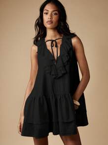 MISSGUIDED Ruffle Neckline Mini Dress With Tiered Skirt V Neck Cheesecloth Summer Beach Holiday Casual Daytime Patio Sundress - Black - View 1