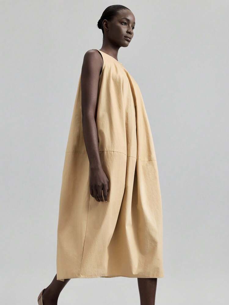 2025 Women Casual Loose Solid Color Round Neck Sleeveless Mid-Length Dress, Summer Butter Yellow Dress Yellow Cotton Dress Light Yellow Dress Linen Dress Women Midi Dress