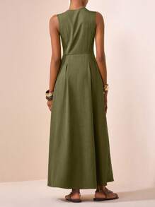 Zivah 2025夏秋新款休闲优雅绿色圆领无袖半开拉链大A字伞裙女式超长连衣裙，日常、购物、返校、穿搭、度假、派对、聚会、通勤皆宜。 - 橄欖綠 - 查看 2