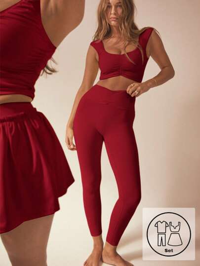 Aralina 女式纯色褶皱背心和紧身裤运动套装