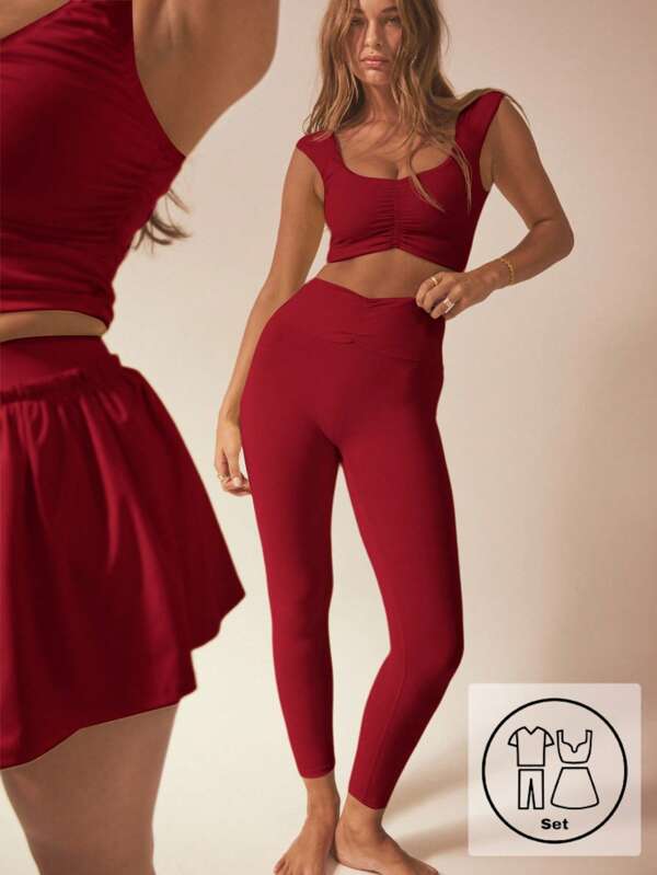 Aralina 女式纯色褶皱背心和紧身裤运动套装