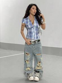 StreetHx Blue Plaid Cap Sleeve Fitted Shirt For Women - Blue - View 6