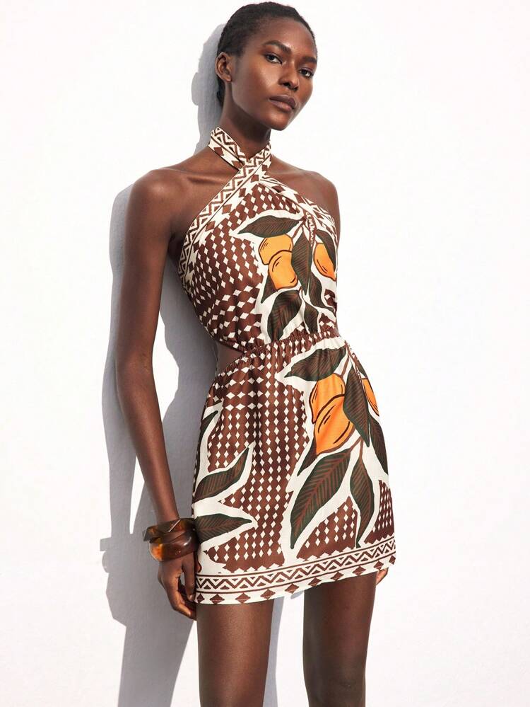 SHEIN Maija Bohemian Multi-Color Print Vacation Criss-Cross Halter Mini Dress For Women, Comfortable Casual Dress For Autumn, Holiday, Beach, Music Festival, Hollow Out Flattering,Fall Women Clothes