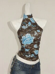 SHEIN ICON Y2K 夏季外出波西米亚西部乡村音乐会女式性感露背花卉印花挂脖上衣，夏季 - 棕色 - 查看 4