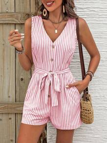 Breezaya 度假休闲条纹无袖连体裤 - 西瓜粉 - 查看 1