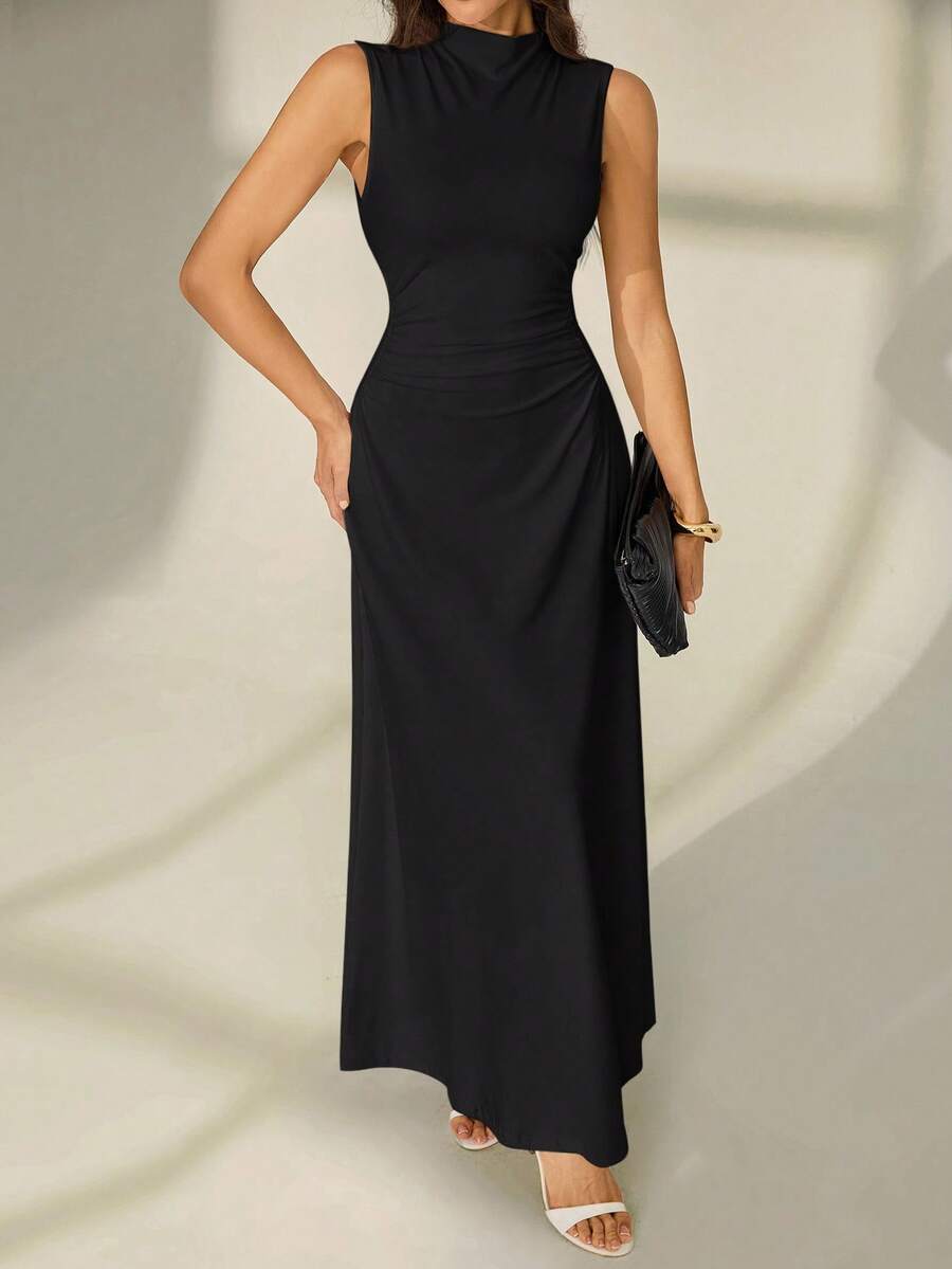 SHEIN Tall 情人节新款白色立领无袖褶皱 A 字长裙，优雅浪漫约会和工作装，女士夏季连衣裙，茶会礼服，白色毕业礼服 - 黑色 - 查看 1