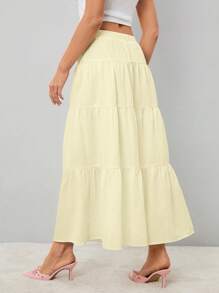 SHEIN Tall 女士纯色高腰系带荷叶边下摆长裙 - 黃色 - 查看 2