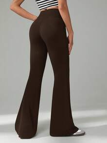 SHEIN Tall 女式休闲纯色高腰喇叭裤 - 棕色 - 查看 2