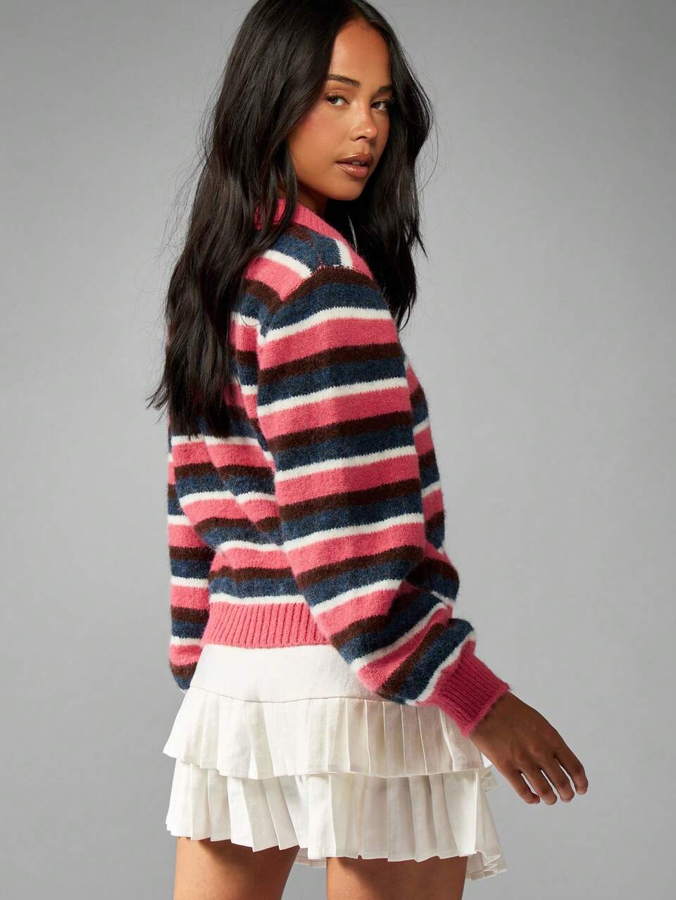 MISSGUIDED Suéter de punto a rayas casual, tipo rugby, con cuello, corto, de estilo universitario y preppy Y2K, de manga larga, tipo polo