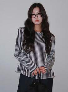 DAZY Women's Striped Round Neck Long Sleeve Peplum Hem T-Shirt,Fall Women Clothes - Black - View 3