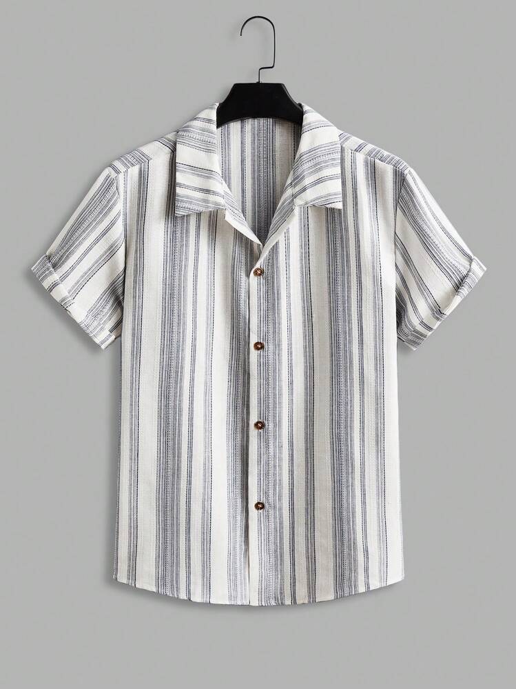 Manfinity RelaxMax Men's Vertical Striped Loose Fit Single-Breasted Short Sleeve Casual Shirt, Suitable For Summer - Blue - View 1